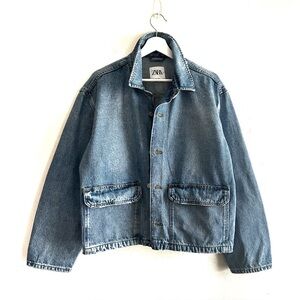 Zara Denim Utility Jacket Boxy Fit Rigid Cotton Mens Size Large